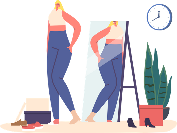 Woman trying new clothes in front of mirror  Illustration
