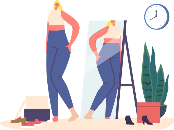 Woman trying new clothes in front of mirror  Illustration