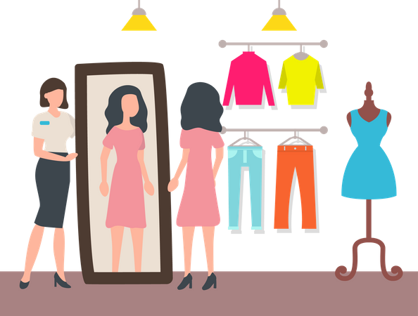 Woman trying new dress and looking at mirror  Illustration
