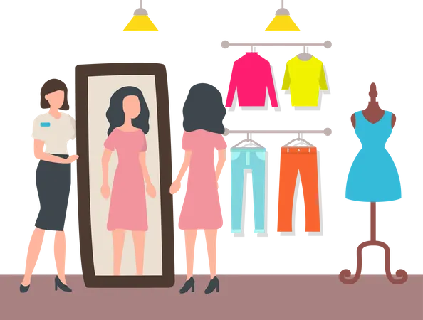 Woman trying new dress and looking at mirror  Illustration