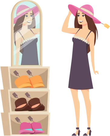 Woman trying new hat from her wardrobe Illustration