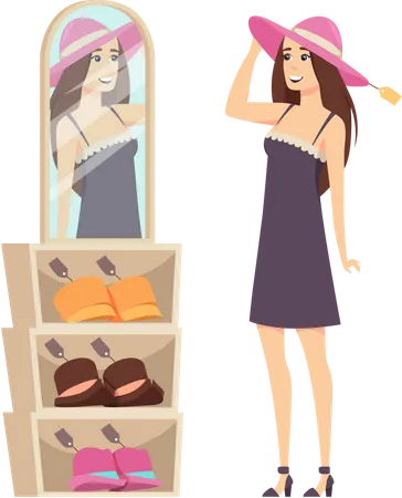Woman trying new hat from her wardrobe  Illustration