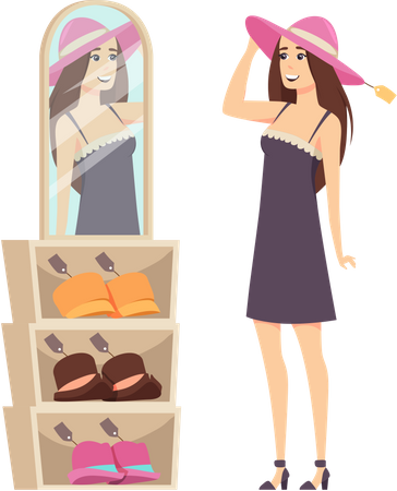 Woman trying new hat from her wardrobe  イラスト