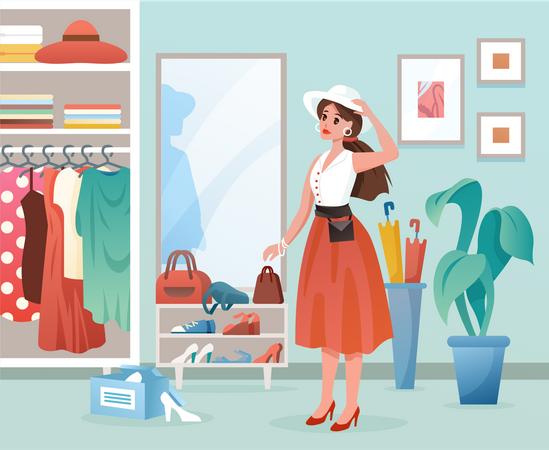Woman trying on dress while shopping  イラスト