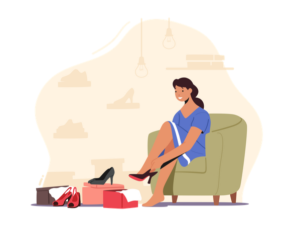 Woman Trying on High Heel Sitting on Couch Illustration
