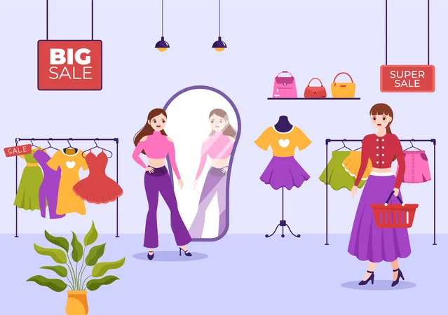 Woman trying out dress at shopping mall Illustration