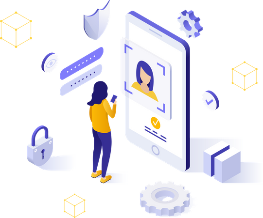 Woman trying to access data using facelock security  Illustration