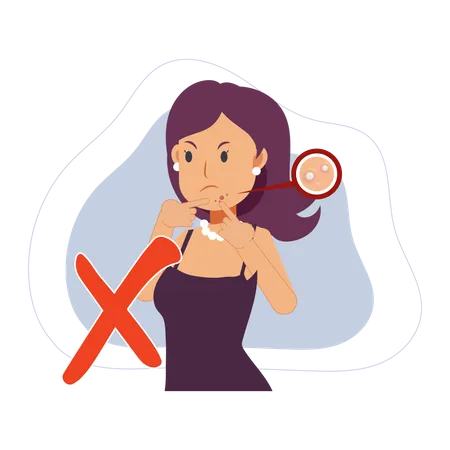 A Woman Trying To Pop Pimple On The Acne Face Popping Acne Is Forbidden Flat Vector Cartoon Character Illustration Illustration