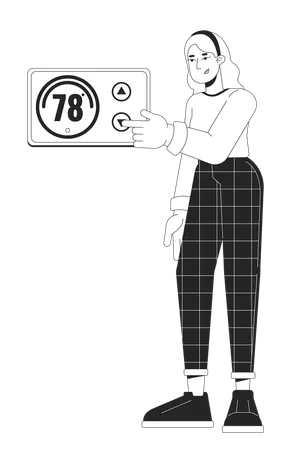 Turning Down Thermostat Black And White Cartoon Flat Illustration Saving Energy Home 2 D Lineart Character Isolated Reduce Utility Bills Room Temperature Change Monochrome Scene Vector Outline Image Illustration