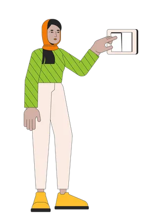 Turning Off Light With Wall Switch Line Cartoon Flat Illustration Muslim Hijab 2 D Lineart Character Isolated On White Background Push Button Turn On Save Energy Bill Scene Vector Color Image Illustration