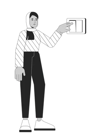 Turning Off Light With Wall Switch Black And White Cartoon Flat Illustration Muslim Hijab 2 D Lineart Character Isolated Push Button Turn On Save Energy Bill Monochrome Scene Vector Outline Image Illustration