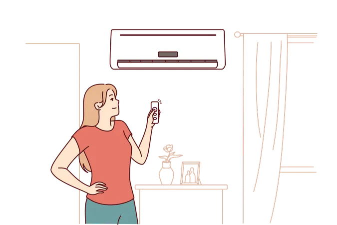 Woman Turns On Air Conditioner Standing In Living Room And Uses Remote Control To Set Comfortable Temperature Happy Girl Rejoices At Presence Of Modern Air Conditioner To Combat Summer Heat Illustration