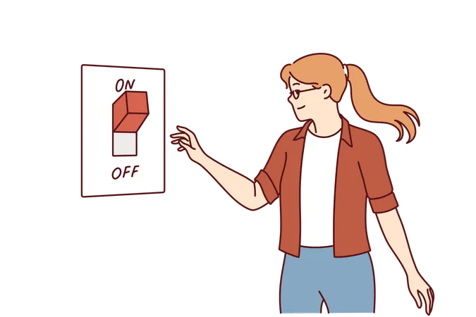 Woman Turns Off Switch To Save Electricity And Care For Environment Or Avoid Large Utility Bills Concept Of Day Without Electricity To Draw Attention To Problem Of Environmental Pollution イラスト