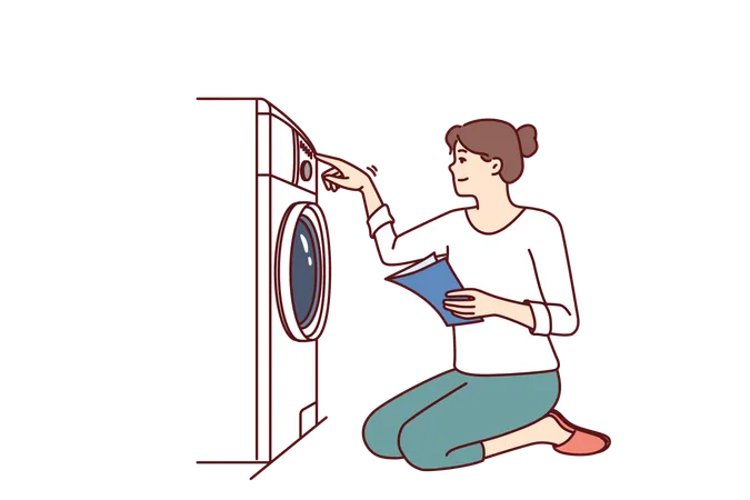 Woman Turns On Washing Machine On Knees With Paper Instruction With Rules For Using Equipment Casual Young Girl Housewife With Smile Sets Up New Washing Machine After Studying Manual Illustration