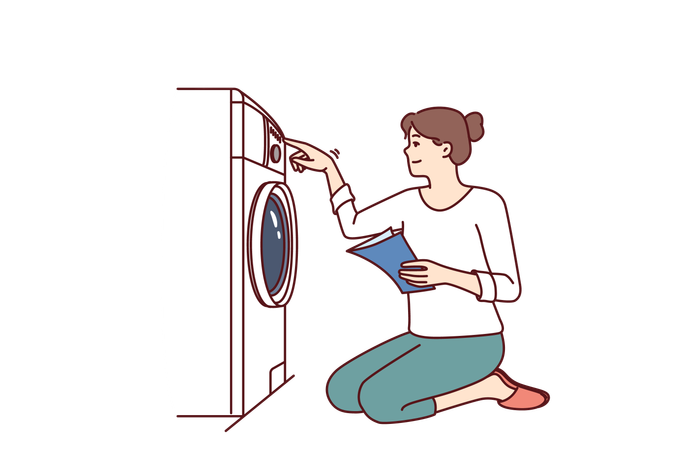 Woman turns on washing machine on knees with paper instruction with rules for using equipment  Illustration