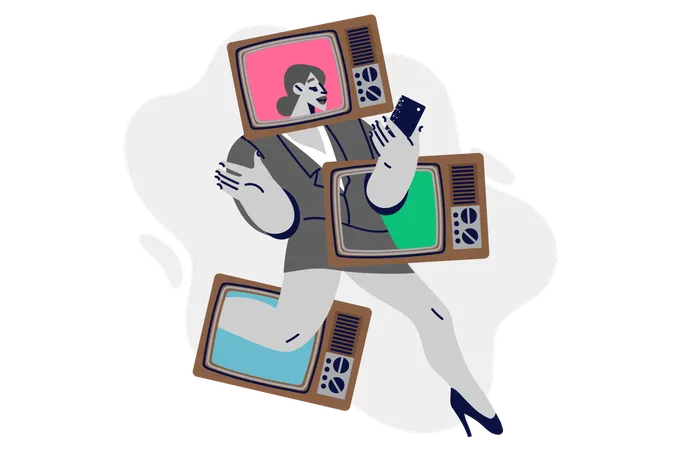 Woman TV presenter with televisions on arms and legs walks while holding phone in hands  Illustration