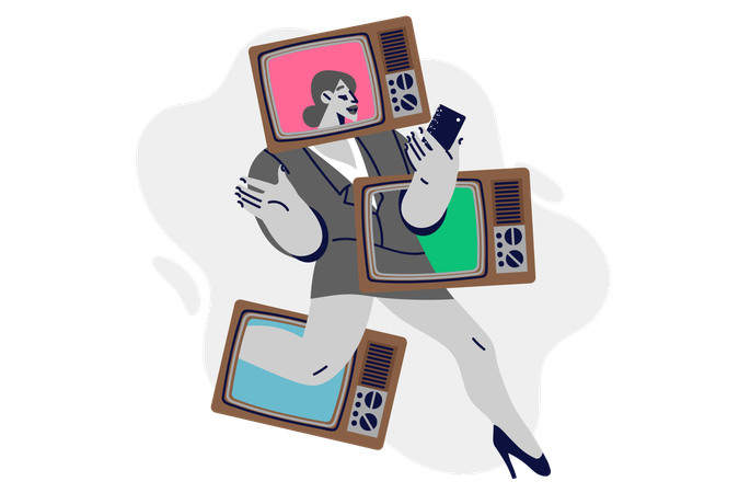 Woman TV presenter with televisions on arms and legs walks while holding phone in hands  Illustration