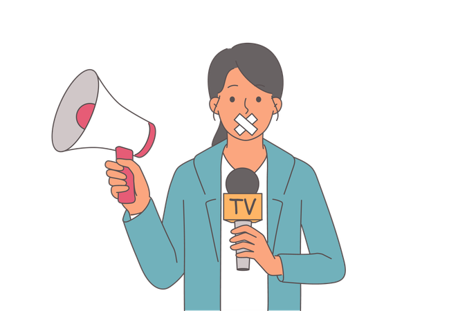 Woman TV reporter holds microphone and megaphone  Illustration