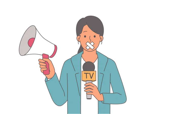 Woman TV reporter holds microphone and megaphone  Illustration