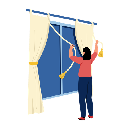 Woman tying curtains  Illustration