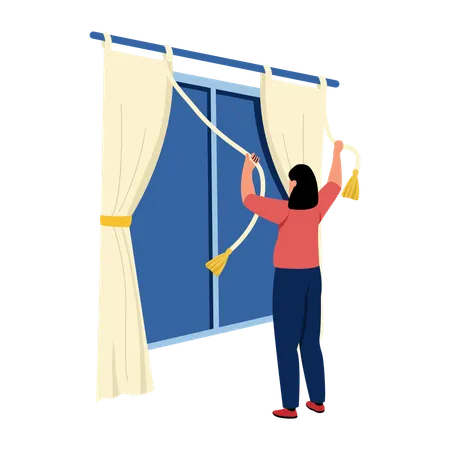 Woman tying curtains  Illustration
