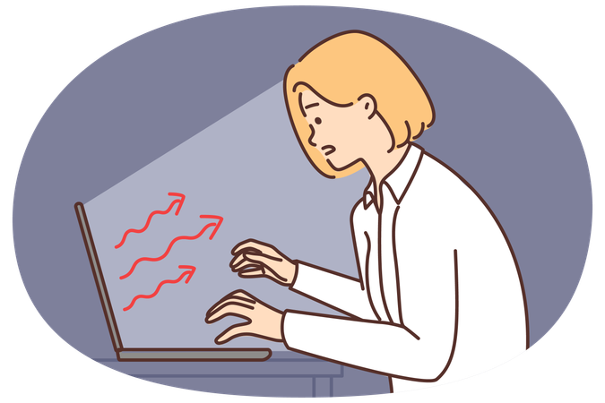 Woman typing on keyboard stretching hands to laptop that negatively affects health or psyche  Illustration