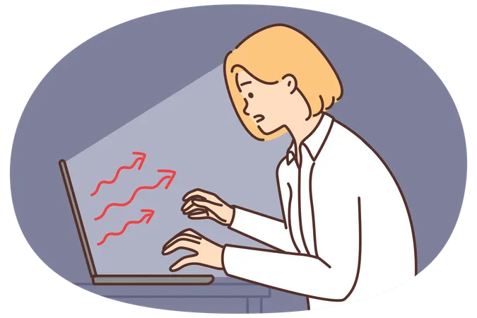 Woman typing on keyboard stretching hands to laptop that negatively affects health or psyche  Illustration