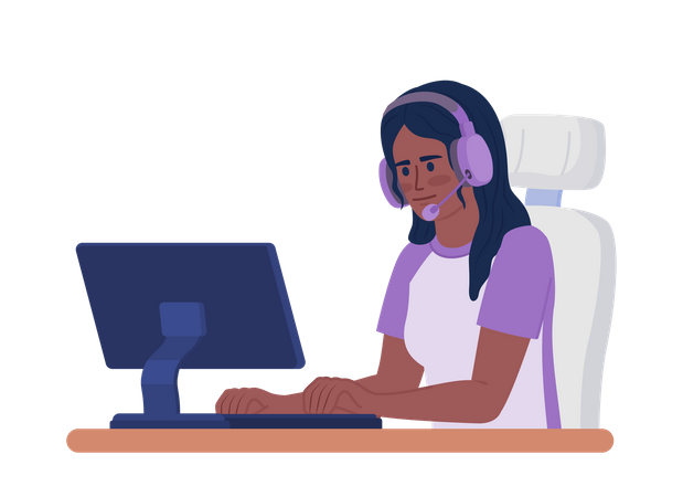 Woman typing on keyboard while wearing headset  Illustration