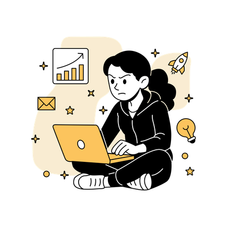 キャンペーンアイコンが表示されたノートパソコンでタイピングする女性  イラスト