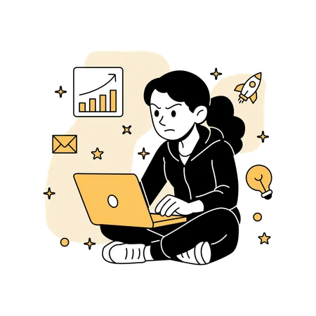 キャンペーンアイコンが表示されたノートパソコンでタイピングする女性  イラスト