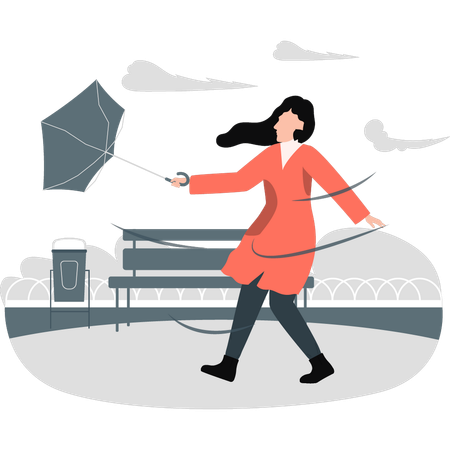 Woman umbrella blowing in strong wind  Illustration