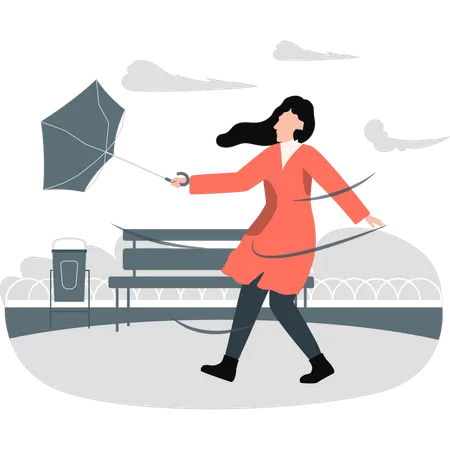 Woman umbrella blowing in strong wind  Illustration