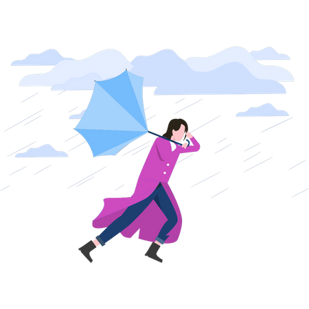Woman umbrella blown away by storm Illustration