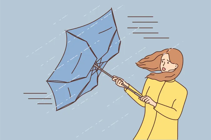 Woman umbrella blown away by storm  Illustration