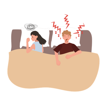 Woman unable to sleep due to husband snoring loudly  Illustration