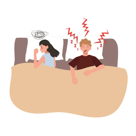 Woman unable to sleep due to husband snoring loudly  Illustration