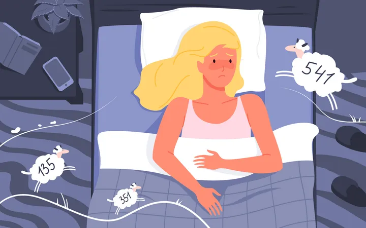 Woman unable to sleep due to endless thoughts  Illustration