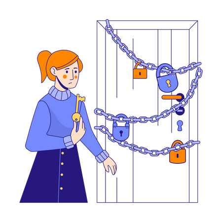 Woman unable to unlock door due to incorrect key Illustration