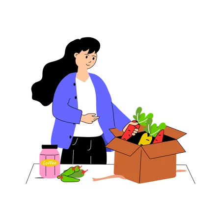 Woman unboxing groceries  Illustration