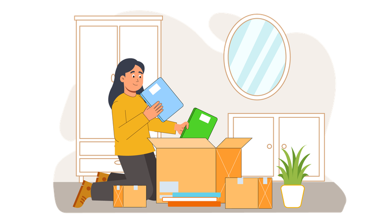 Woman unboxing her products in new house  Illustration