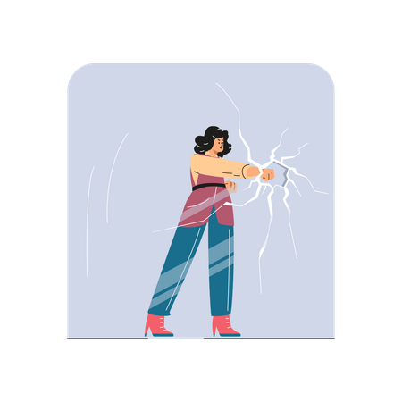 Woman under a glass dome breaking it with force with her fist  Illustration