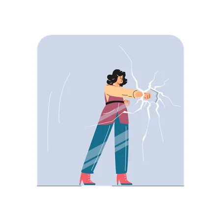 Woman under a glass dome breaking it with force with her fist  Illustration