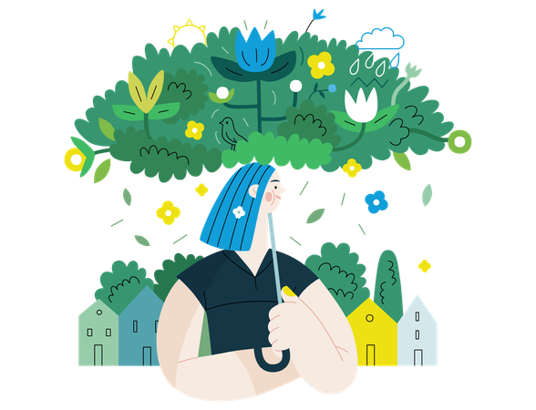 Woman under green lush umbrella of plants and flowers  Illustration