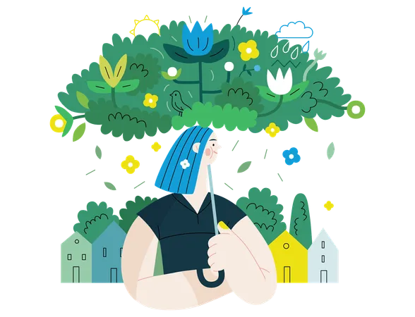 Woman under green lush umbrella of plants and flowers  Illustration