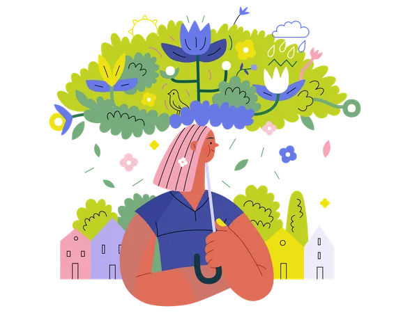 Greenery Ecology Modern Flat Vector Concept Illustration Of A Woman Under The Green Lush Umbrella Of Plants And Flowers Metaphor Of Environmental Sustainability And Protection Closeness To Nature Illustration