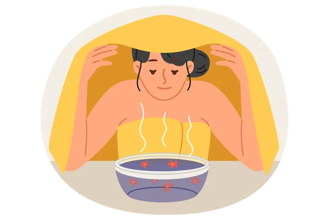 Woman Undergoes Aromatherapy Or Facelift Procedure Thanks To Steam Emanating From Cup Daisies And Hot Water Girl Covering Head With Towel Uses Aromatherapy To Rejuvenate Face And Get Rid Of Wrinkles Illustration
