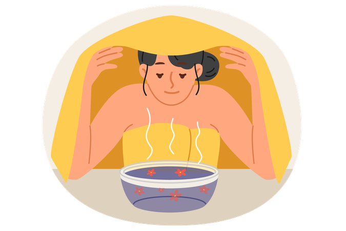 Woman undergoes aromatherapy thanks to steam emanating from cup of daisies and hot water  Illustration