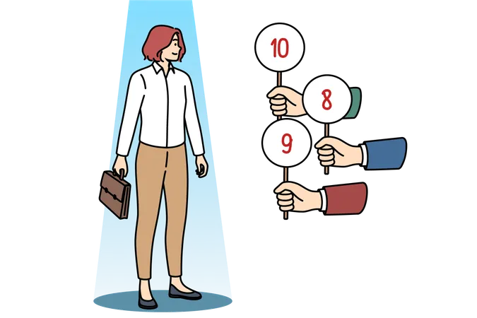 Woman Undergoes Business Interview Receiving Marks From Recruiters For Excellent Professional Skills Hands With Numbers Near Girl Office Manager For Job Interview Concept For Vacant Position Illustration