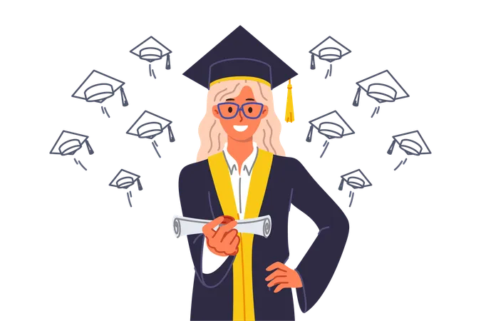Woman University Graduate Holds Certificate Of Higher Education Allowing To Build Good Career Girl In Graduate Hat And Gown Looks At Screen With Smile Showing Off Bachelor Degree Illustration