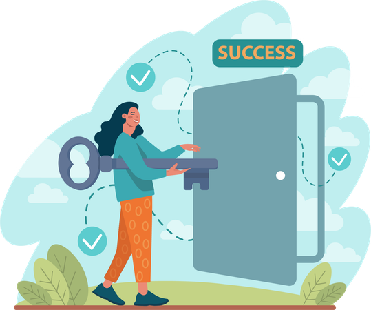 Woman unlocks success door  Illustration